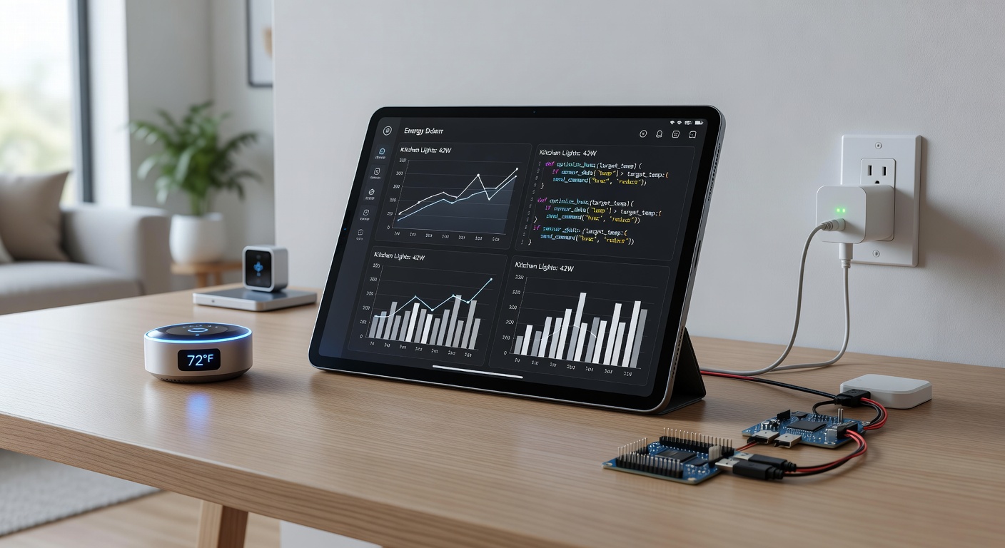 Smart home hub connected to various energy-monitoring devices including plugs and thermostats on a modern living room setup