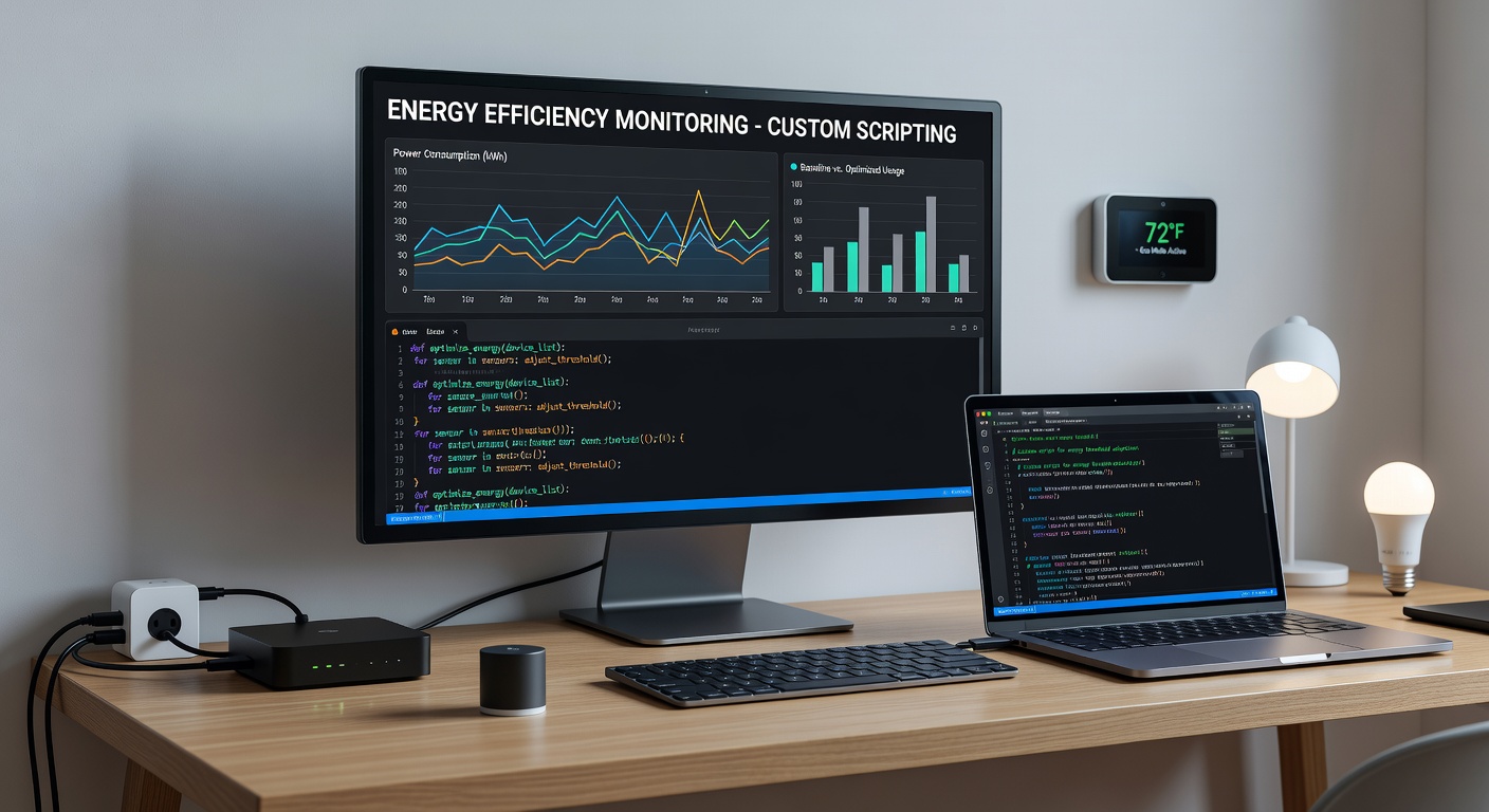 Laptop screen displaying energy monitoring dashboard with graphs from custom scripts alongside a Raspberry Pi connected to smart plugs