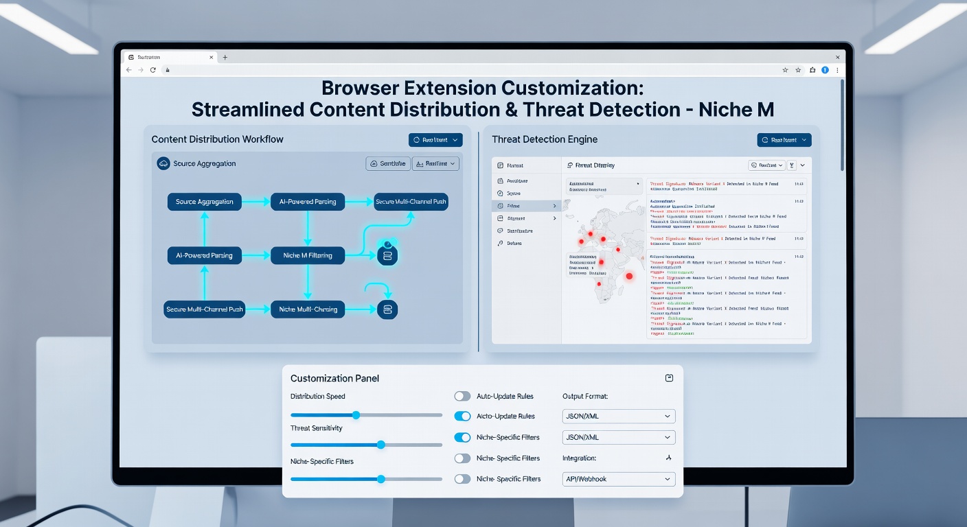 Illustration of browser extension interfaces managing secure content flows and threat monitoring in specialized sectors
