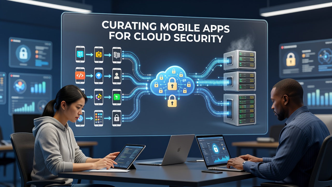 Freelance developer reviewing mobile app security settings on a smartphone connected to cloud services