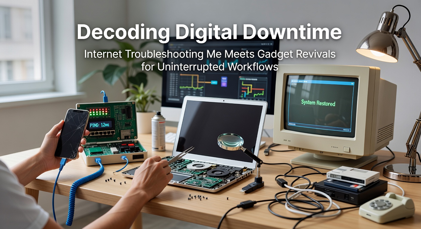 Technician troubleshooting a network router while examining an old laptop in a home office setup, highlighting the blend of modern fixes and gadget restoration for seamless connectivity