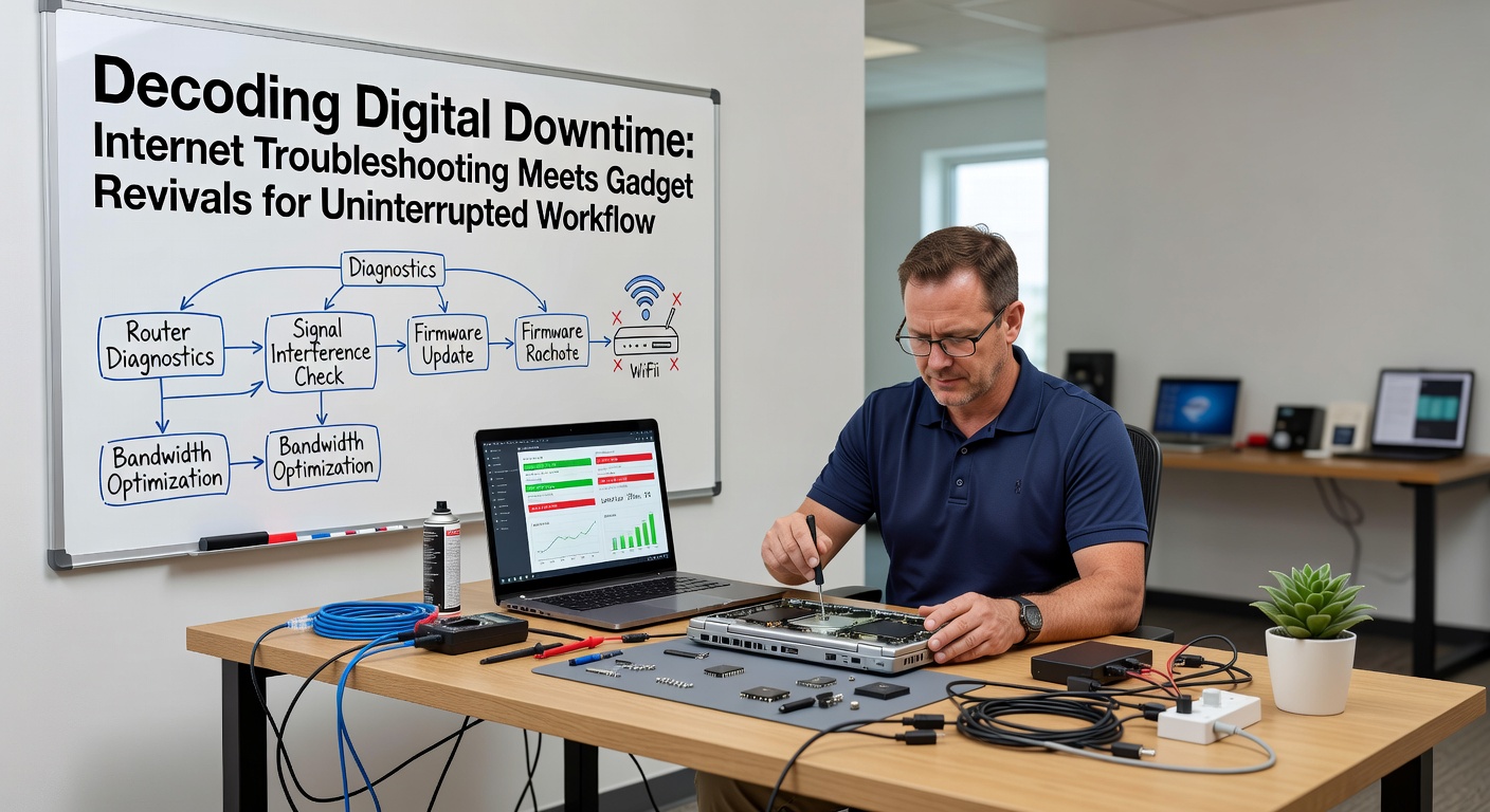 Close-up of revived gadgets including an old smartphone tethered to a laptop and a refurbished router bridging connections in a multi-device workflow environment