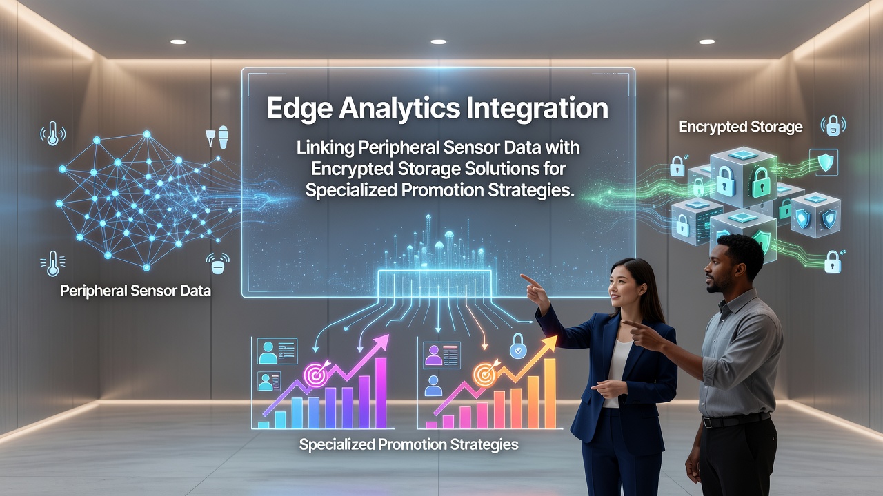 Diagram showing edge analytics nodes connecting peripheral sensors to encrypted cloud storage systems for targeted marketing applications