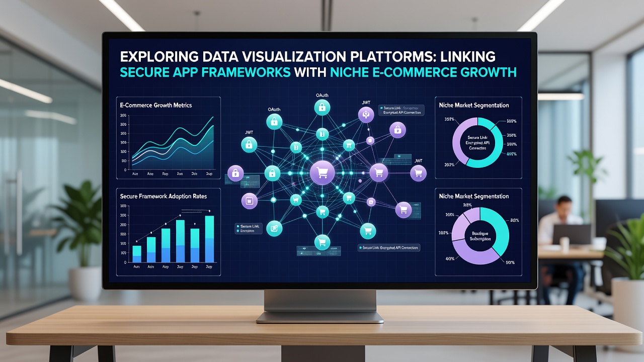 Secure app framework architecture diagram integrated with e-commerce data visualization charts