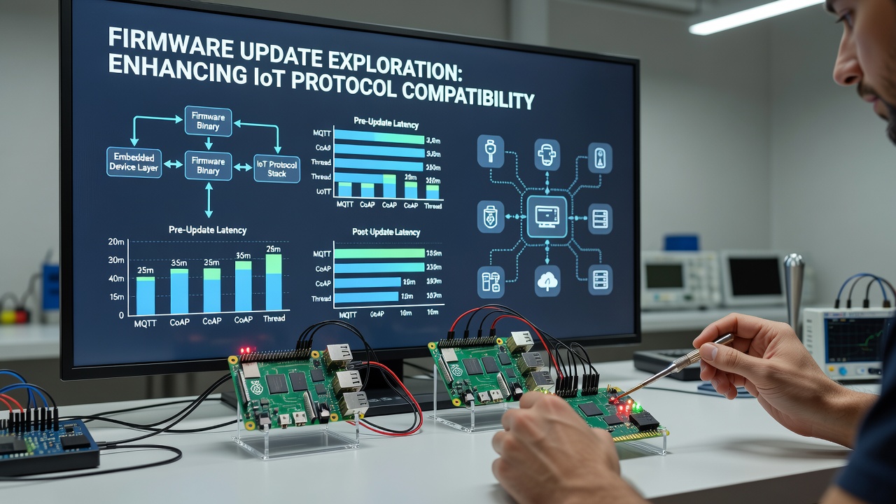 Technician applying firmware update to embedded controller in greenhouse environment with diagnostic tools visible