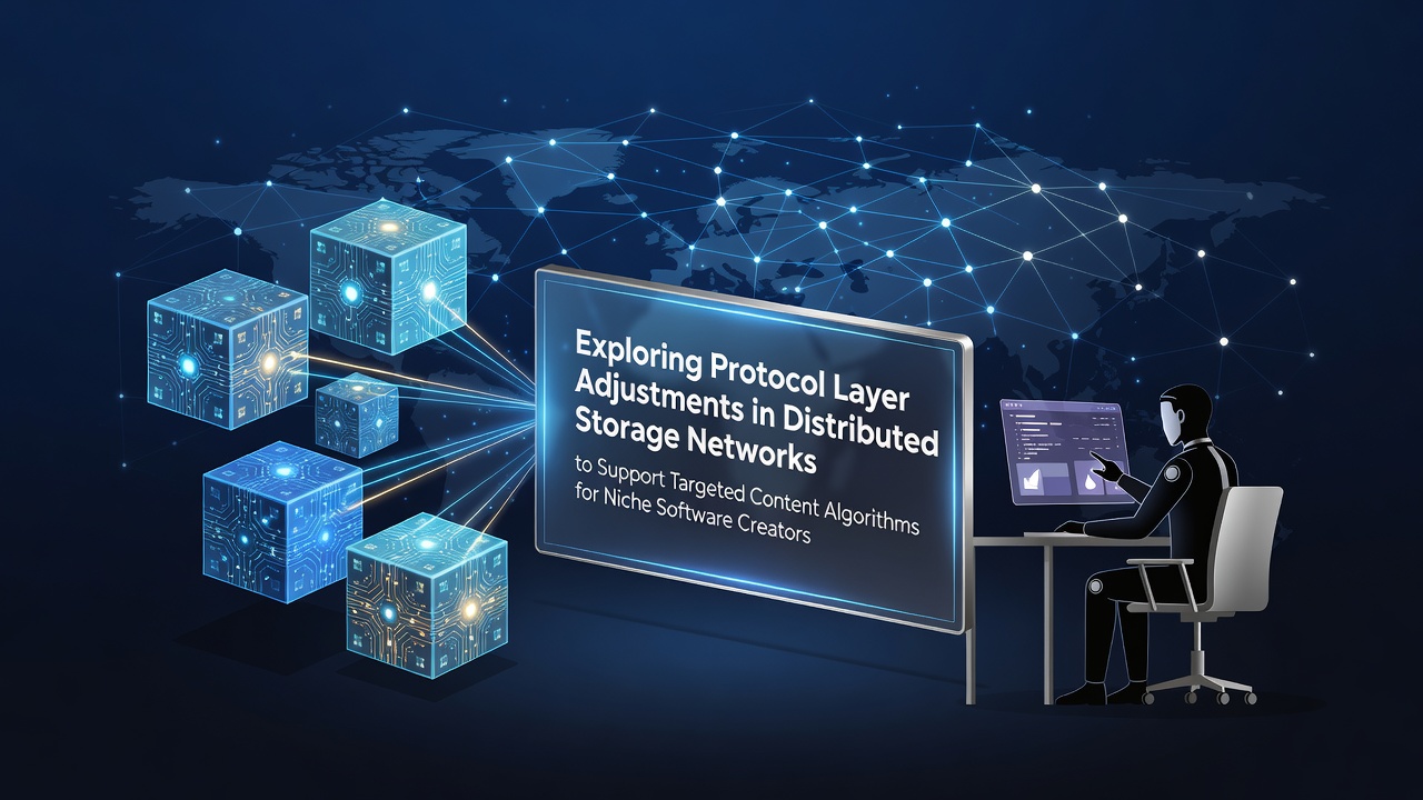 Diagram showing protocol layer adjustments in distributed storage networks with data flow arrows connecting storage nodes to content algorithms