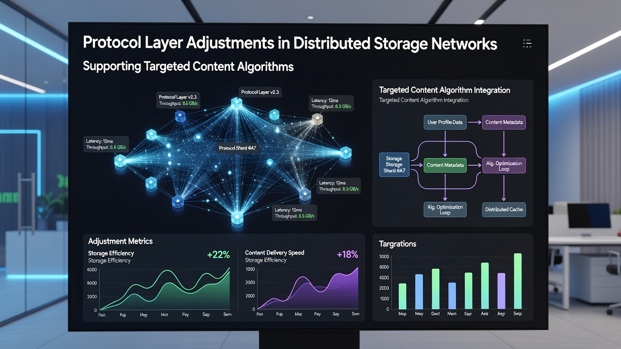 Illustration of targeted content algorithms interacting with adjusted protocol layers in a distributed network environment