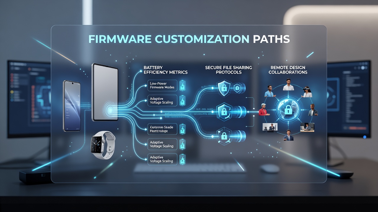 Portable devices displaying customized firmware interfaces during secure file transfers in a collaborative design environment