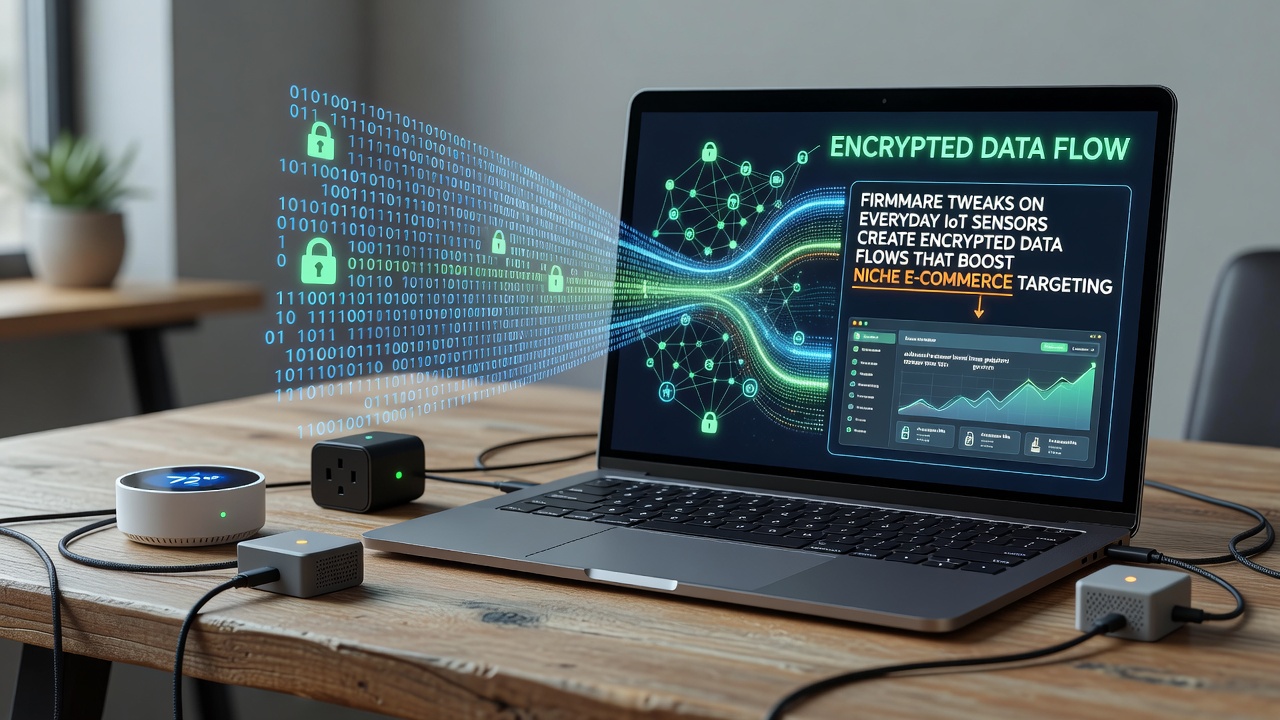 Remote team workspace with multiple IoT sensors monitoring energy usage and displaying encrypted data dashboards on laptops