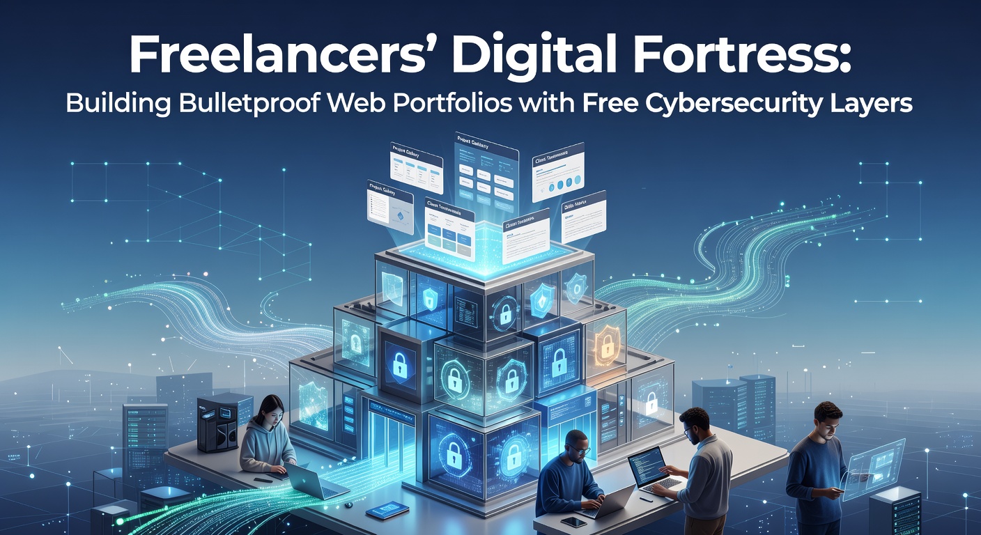 Freelancer working on a laptop with digital shields and locks representing cybersecurity layers around a web portfolio
