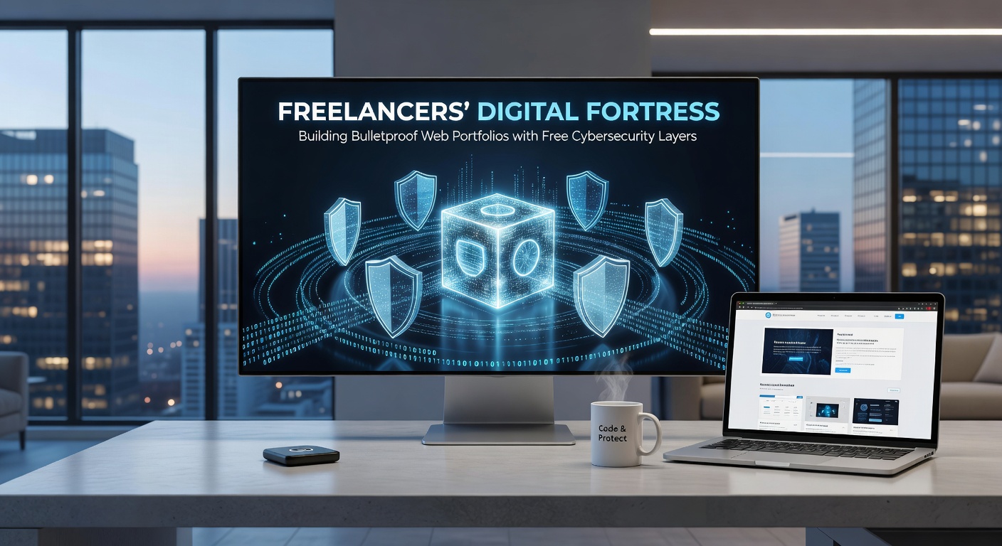 Layered cybersecurity shields protecting a web portfolio interface on a digital screen