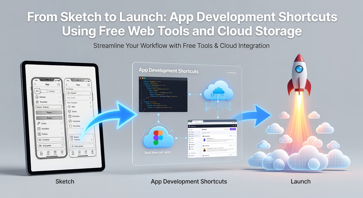 Digital sketchpad transforming into a fully launched mobile app on a smartphone screen, illustrating the rapid journey from idea to deployment with web tools and cloud integration