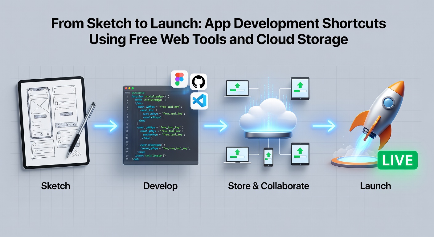 Collaborative cloud dashboard showing app code, designs, and deployment pipelines merging in a browser interface, highlighting seamless teamwork via free web tools