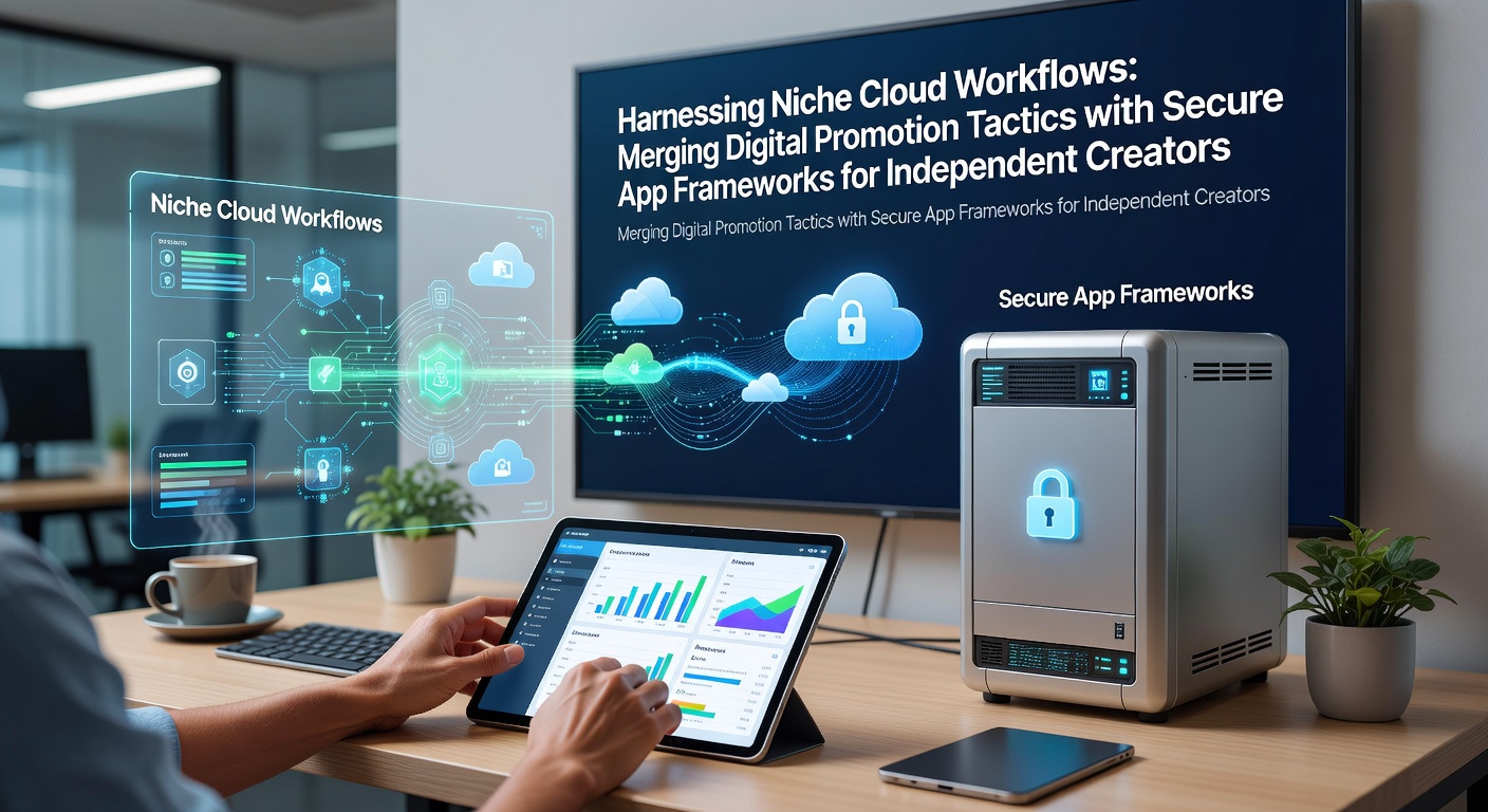 Secure cloud workflow diagram showing integration of digital promotion tools and app frameworks for creators