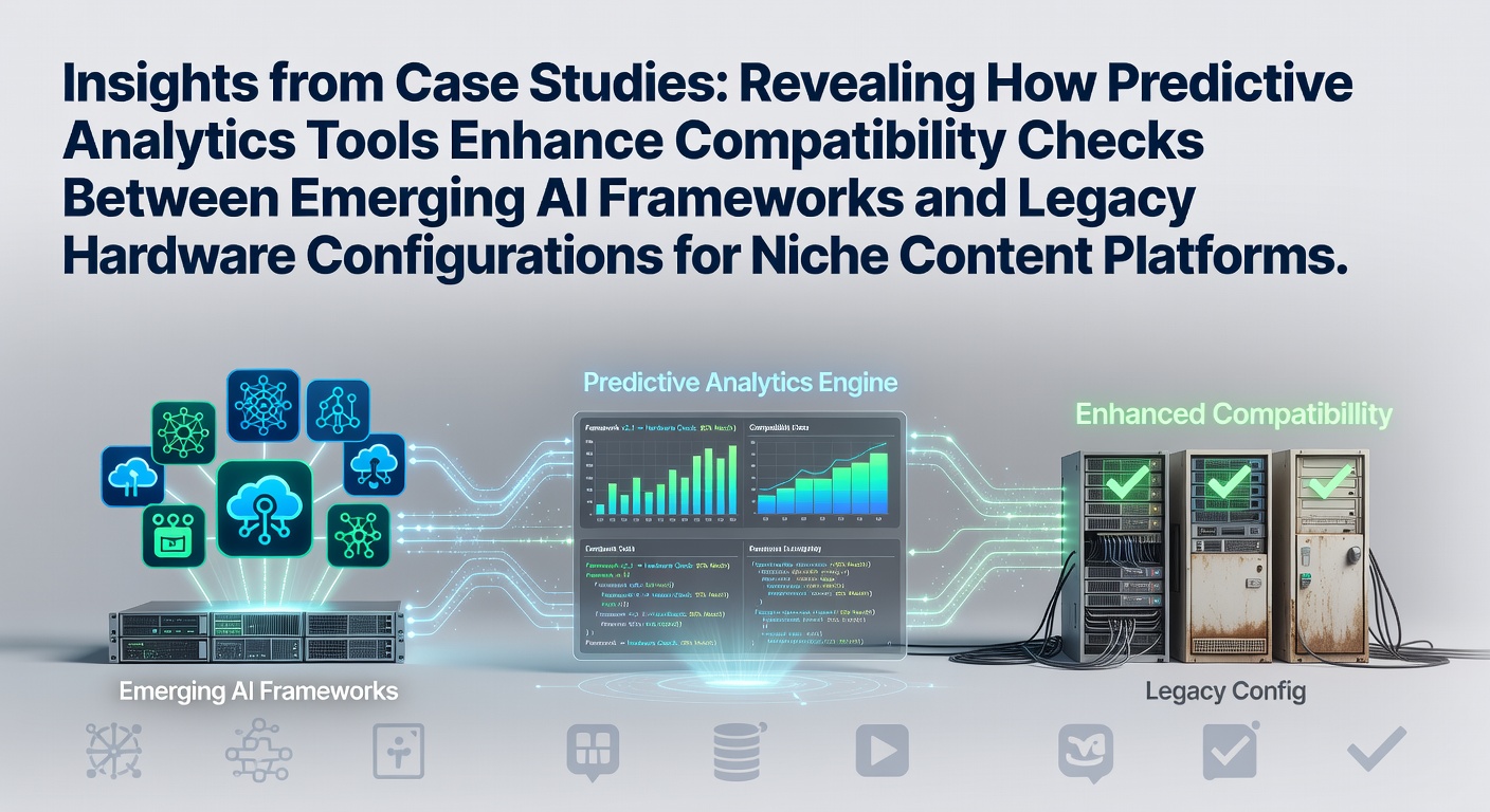 Predictive analytics dashboard displaying compatibility metrics between AI frameworks and legacy hardware systems used in content platforms