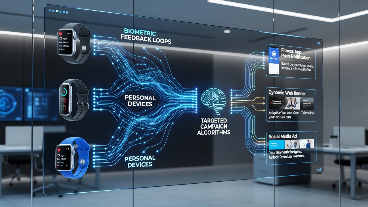 Encrypted data flow diagram showing biometric inputs processed for targeted advertising algorithms