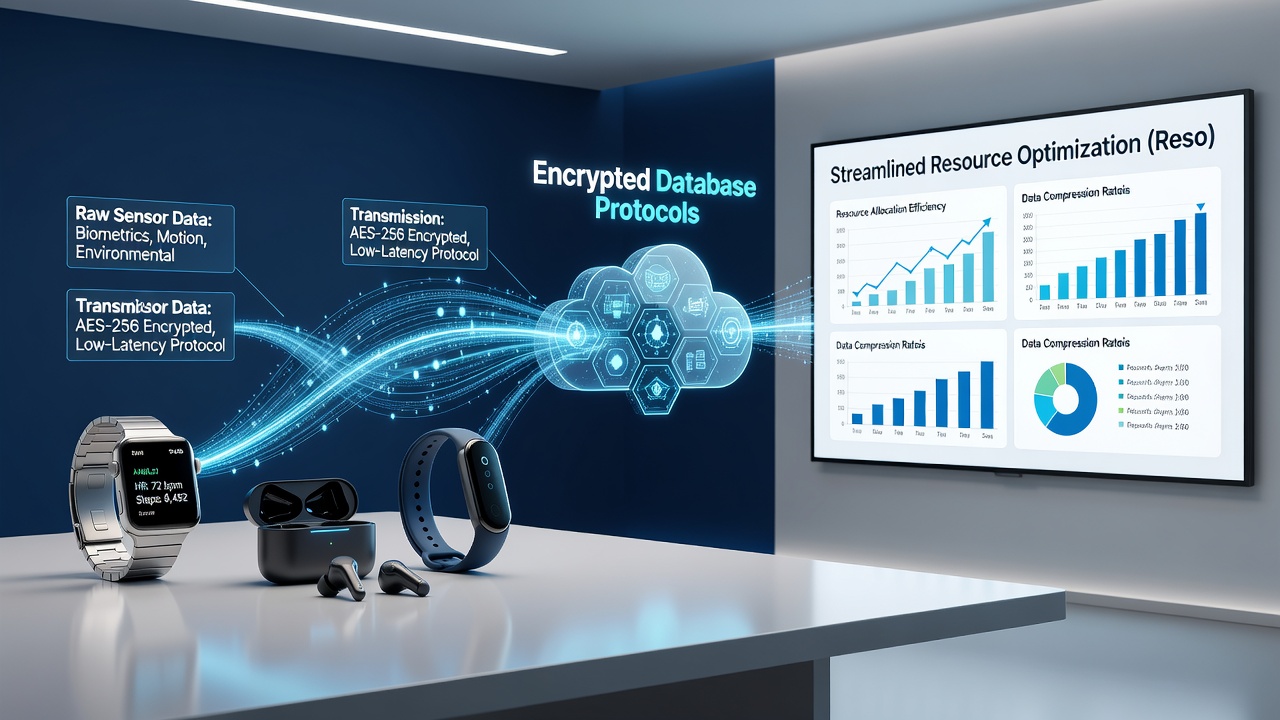 Encrypted data flows visualized between wearable sensors and secure database systems supporting remote educator health programs