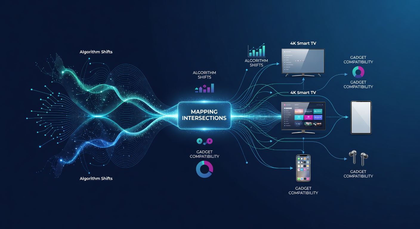 Streaming service dashboard showing algorithm metrics alongside various connected gadgets like smart TVs and mobile devices used by content creators