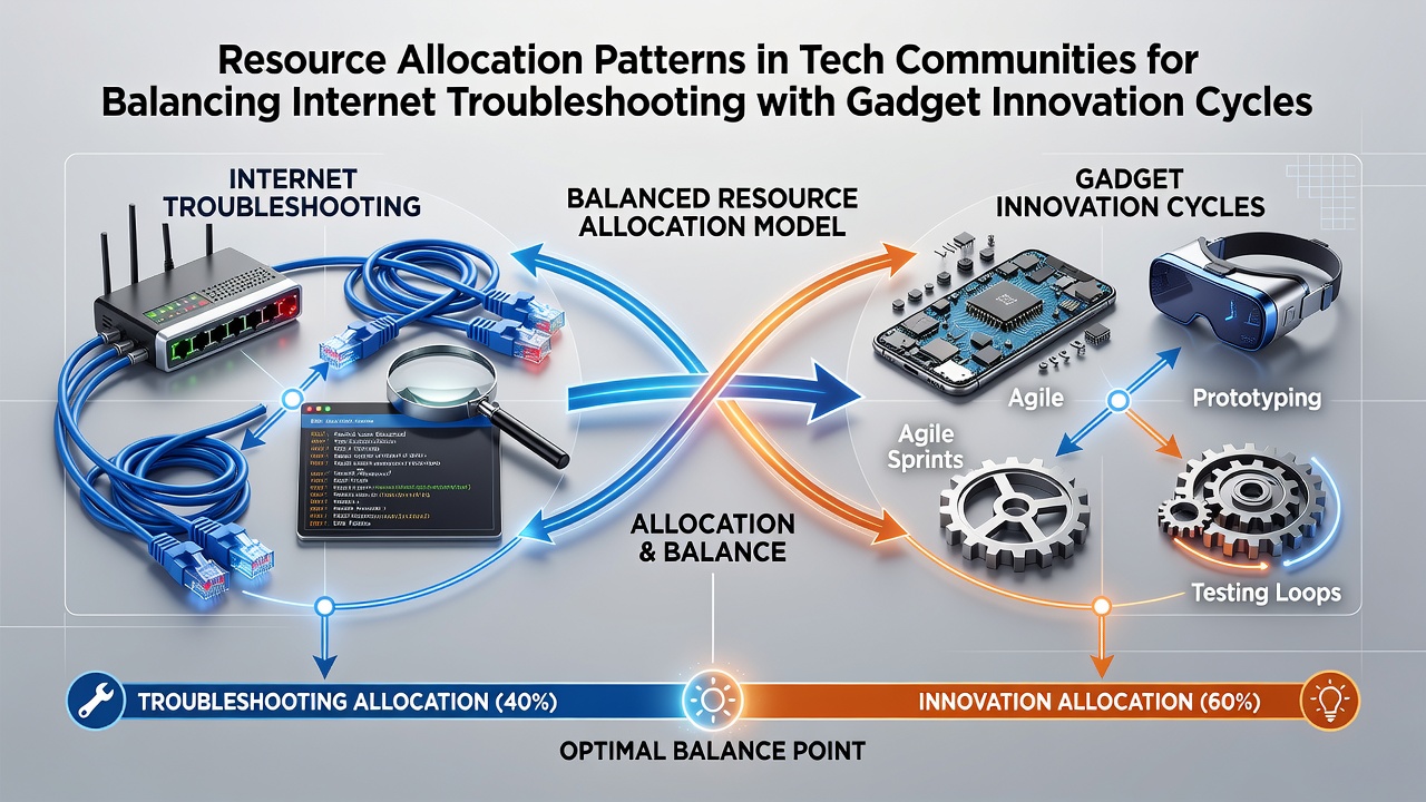 Tech community members discussing resource allocation strategies during a collaborative session on internet troubleshooting and gadget development