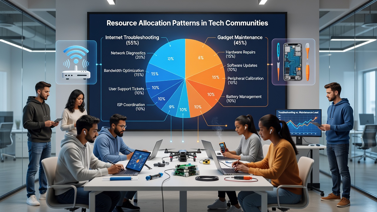 Visualization of resource allocation charts showing balanced distribution between troubleshooting tasks and gadget innovation timelines in tech communities