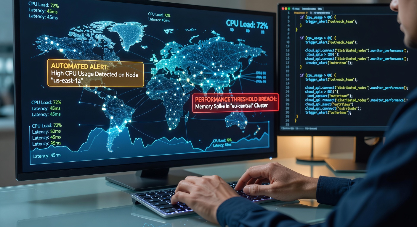 Diagram showing automated alert scripting workflow across distributed cloud nodes with performance metrics flowing into outreach campaign triggers