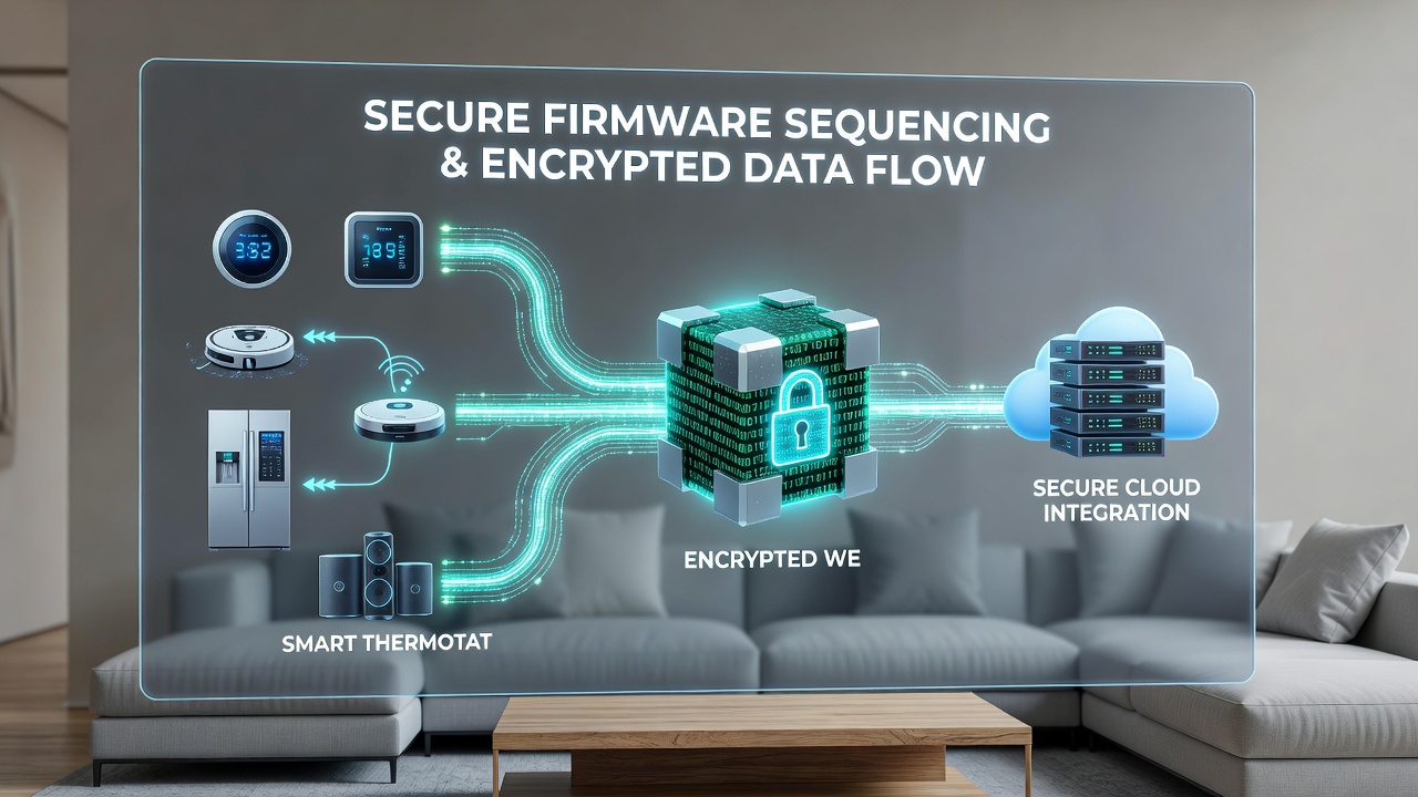 Illustration of encrypted data flow from smart home devices to creator promotion platforms
