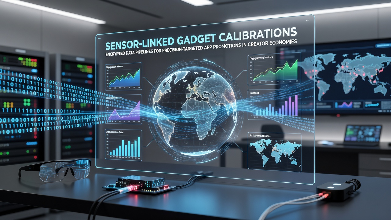 Sensor-linked gadgets being calibrated in a creator studio setup with data flow diagrams overlay