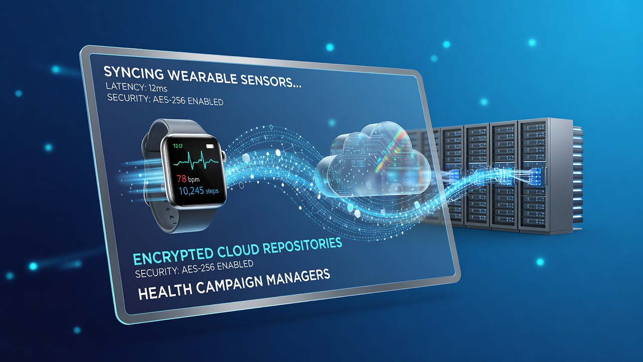 Wearable sensors transmitting encrypted data streams to cloud repositories during a health campaign coordination session