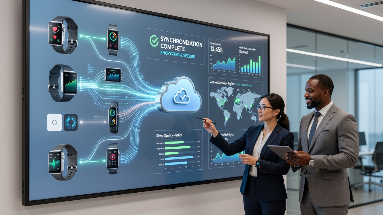 Encrypted data synchronization dashboard used by health campaign managers monitoring wearable sensor feeds